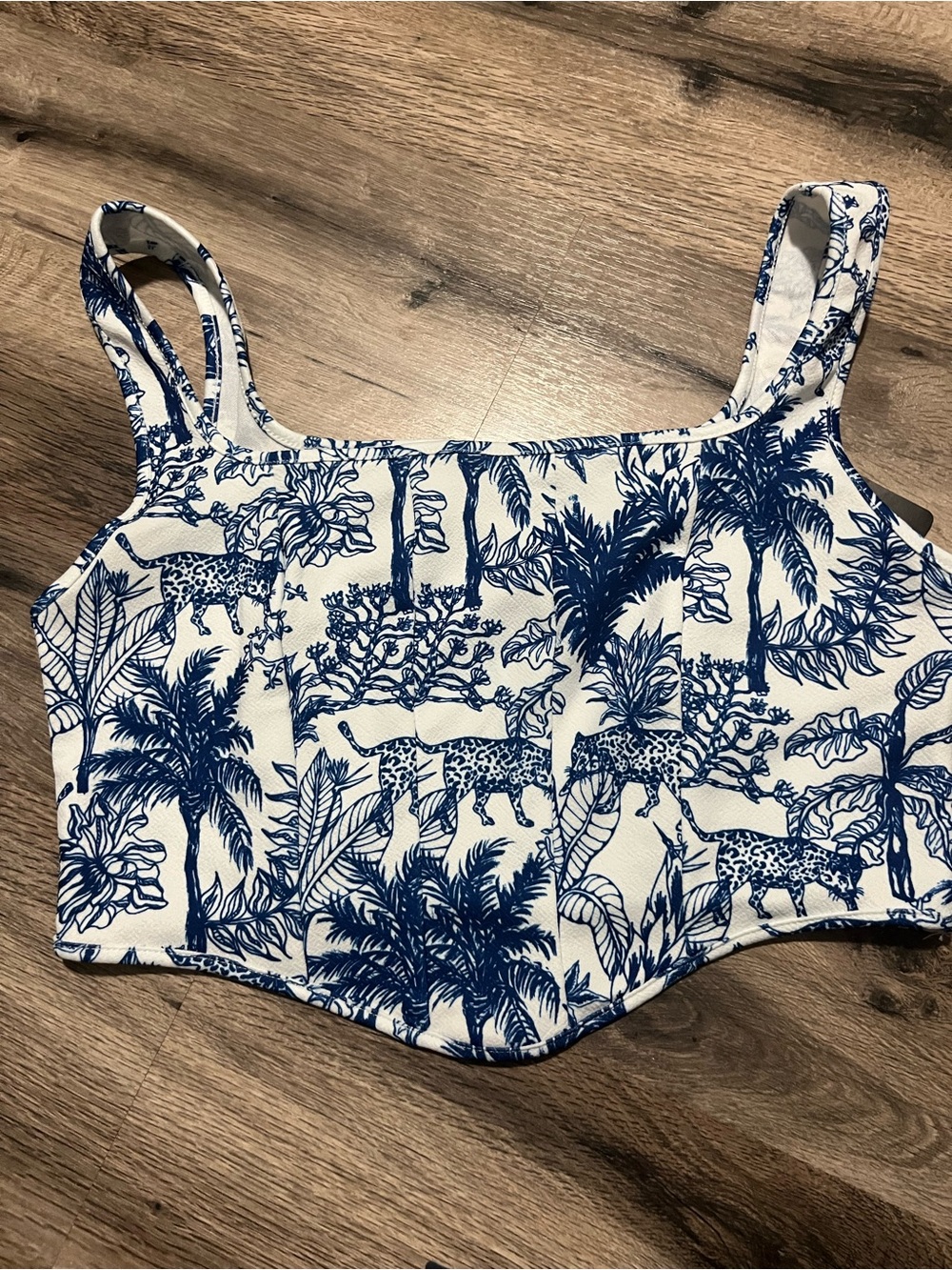 SHEIN White & Navy Tropical & Tiger  Print Crop Top